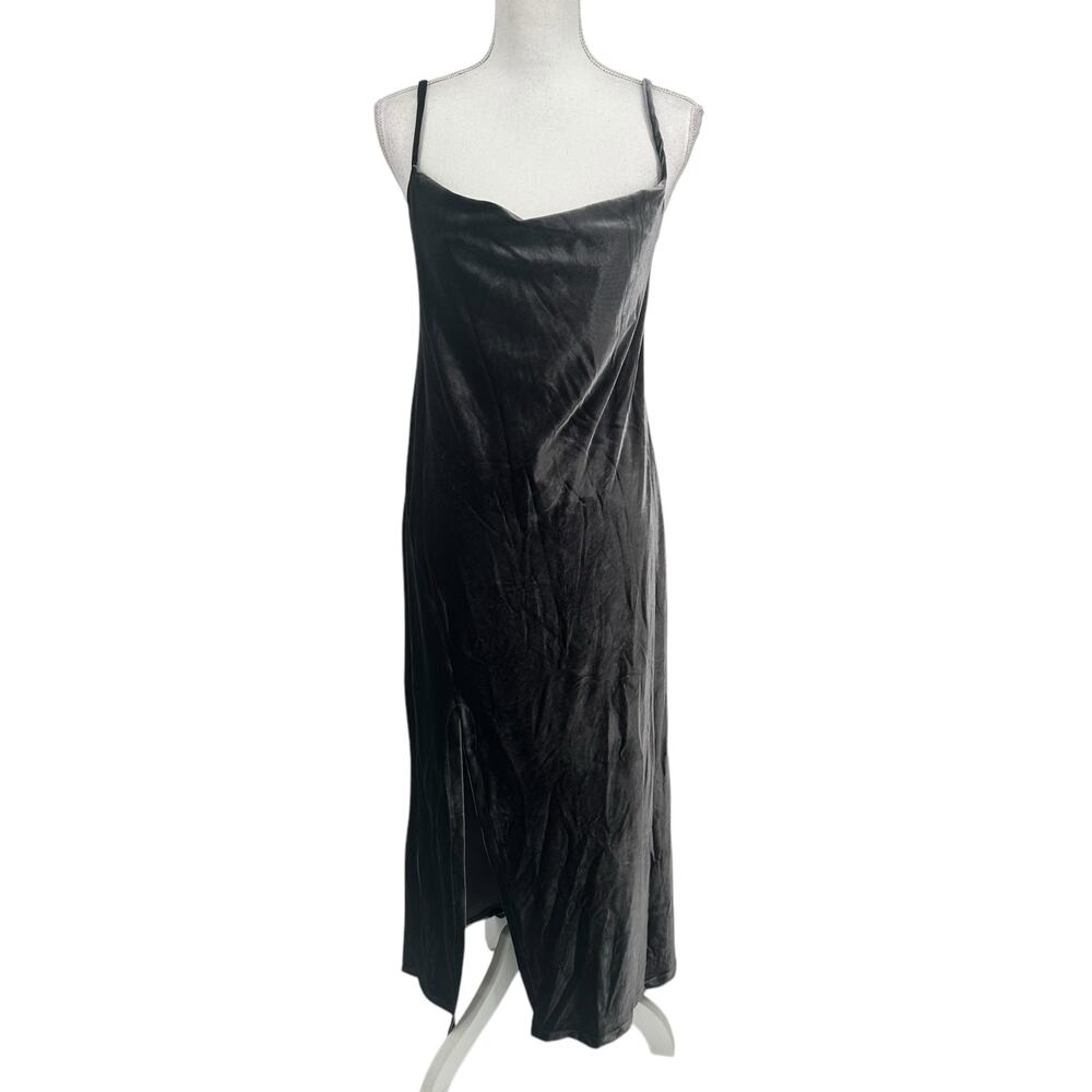 NWOT Dex Gray Velvet Drape Neck Adjustable Straps MIDI Dress Sz Small